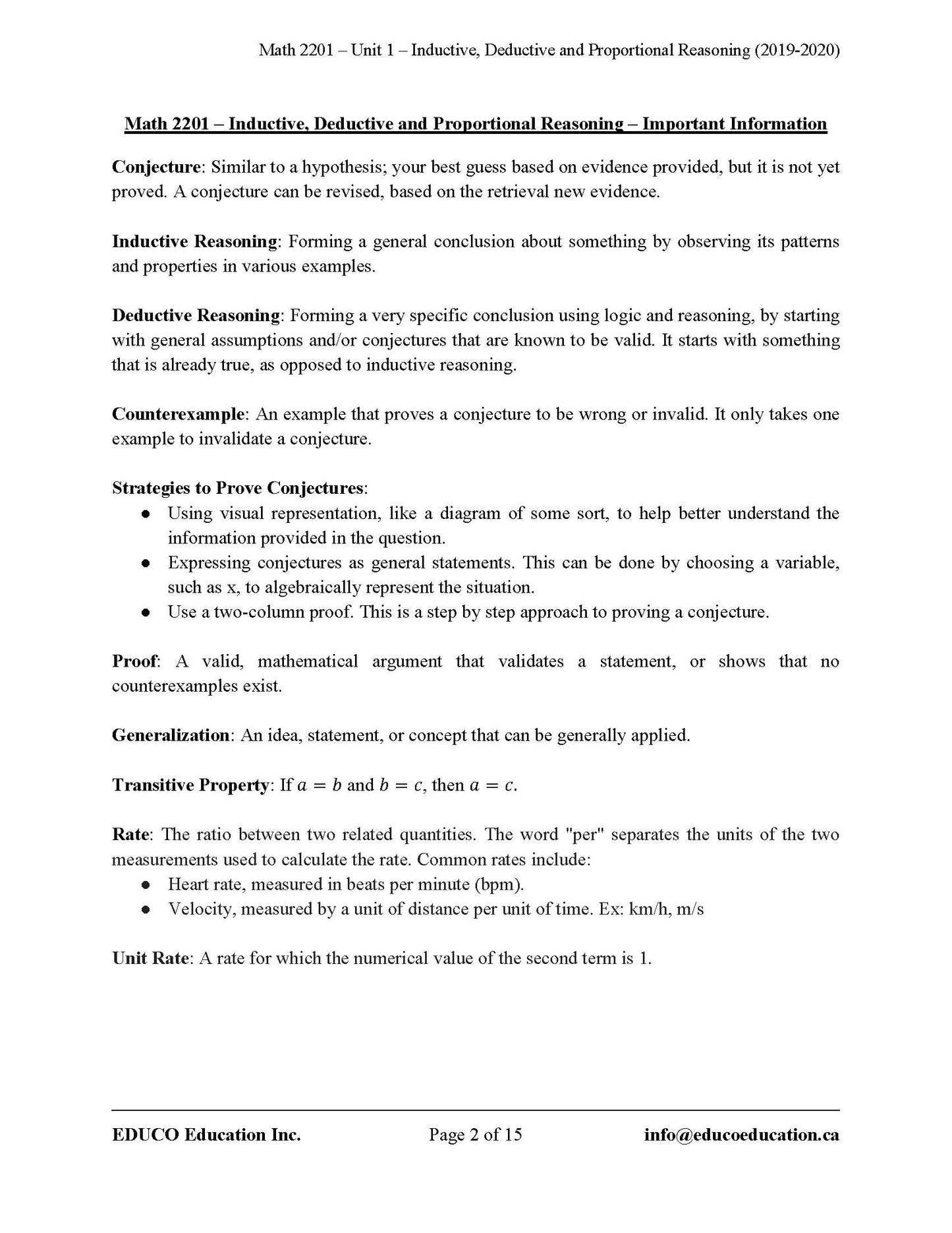 Unit 1: Inductive, Deductive, and Proportional Reasoning - Math 2201 (Digital Download)