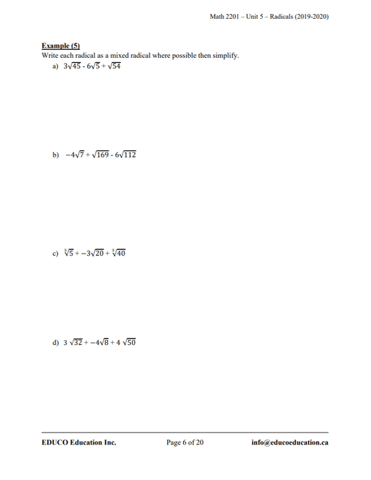 Unit 5: Radicals - Math 2201 (Digital Download)