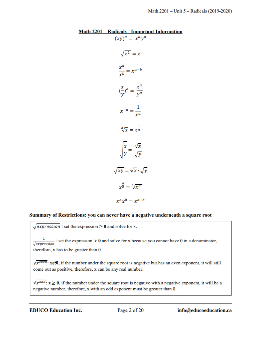 Unit 5: Radicals - Math 2201 (Digital Download)