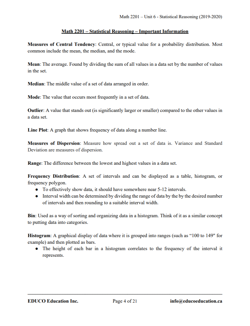 Unit 6: Statistical Reasoning - Math 2201 (Digital Download)