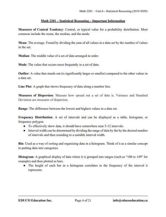 Unit 6: Statistical Reasoning - Math 2201 (Digital Download)