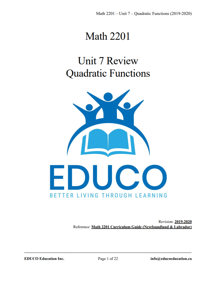 Unit 7: Quadratic Functions - Math 2201 (Digital Download)