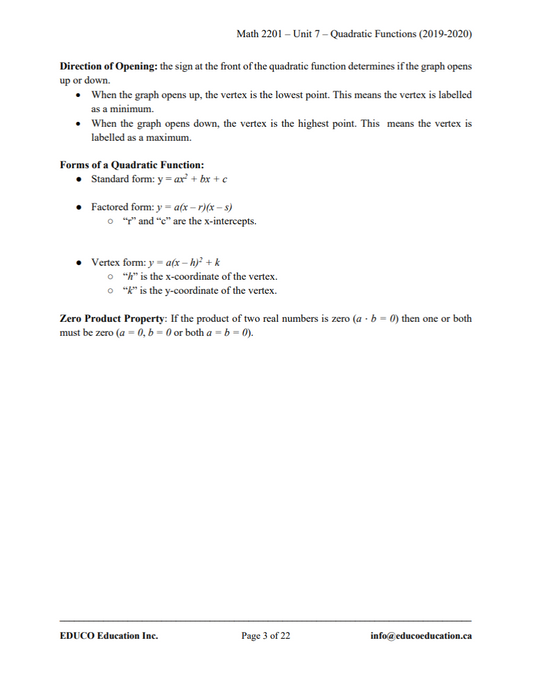 Unit 7: Quadratic Functions - Math 2201 (Digital Download)