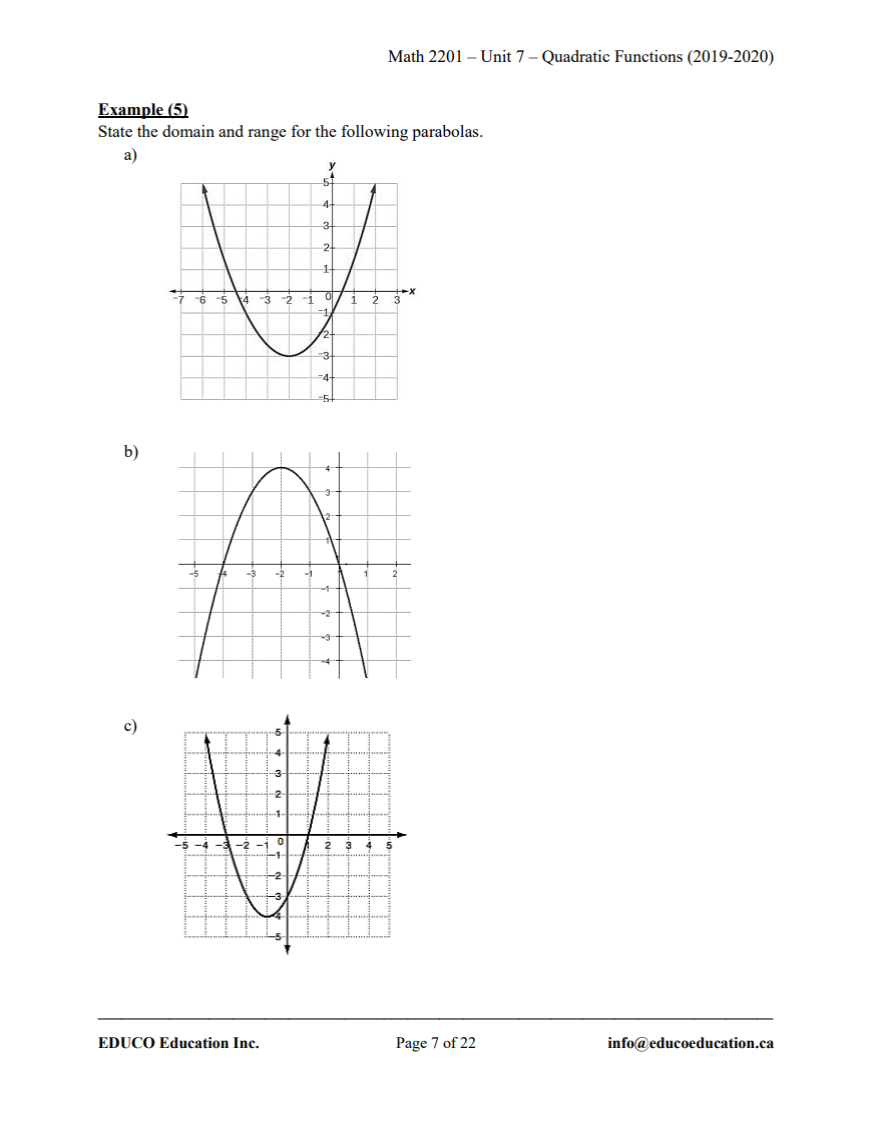 Unit 7: Quadratic Functions - Math 2201 (Digital Download)