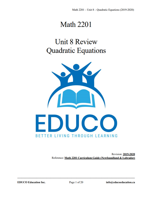 Unit 8: Quadratic Equations - Math 2201 (Digital Download)