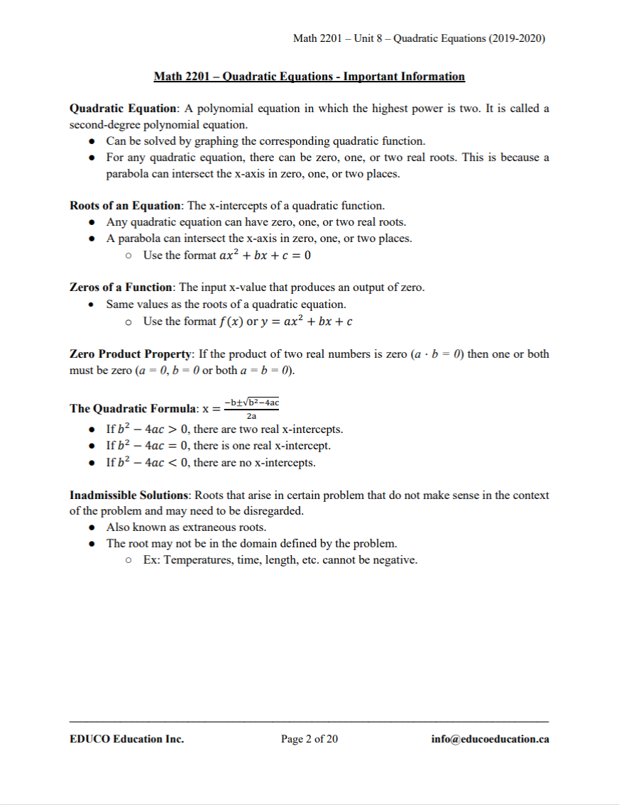 Unit 8: Quadratic Equations - Math 2201 (Digital Download)