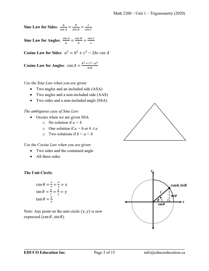 Unit 1: Trigonometry - Math 2200 (Digital Download)