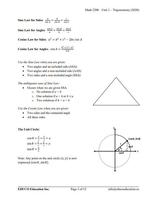 Unit 1: Trigonometry - Math 2200 (Digital Download)