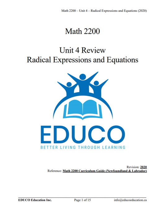 Unit 4: Radical Expressions and Equations - Math 2200 (Digital Download)