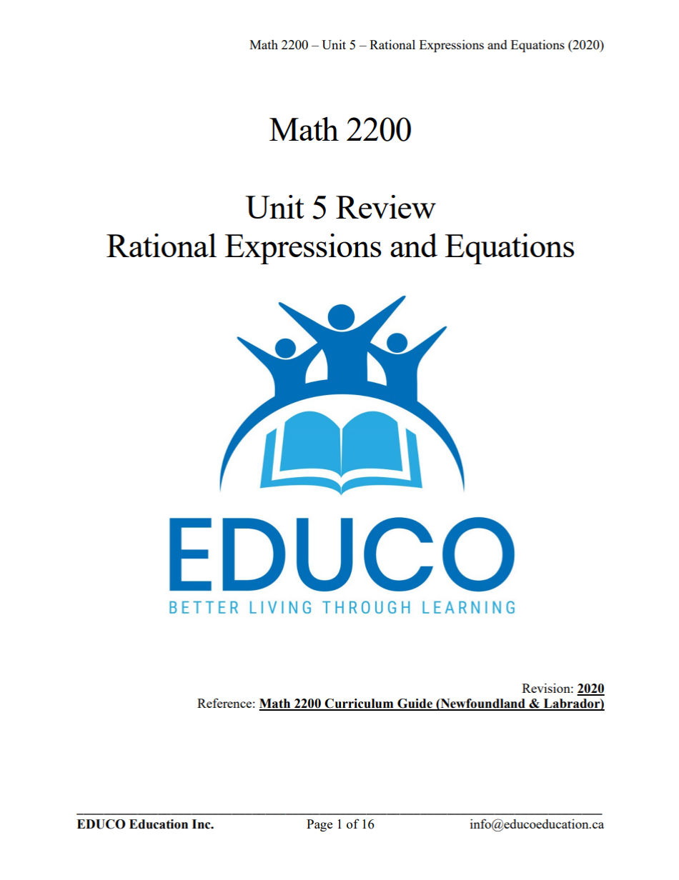 Unit 5:Rational Expressions and Equations - Math 2200 (Digital Download)