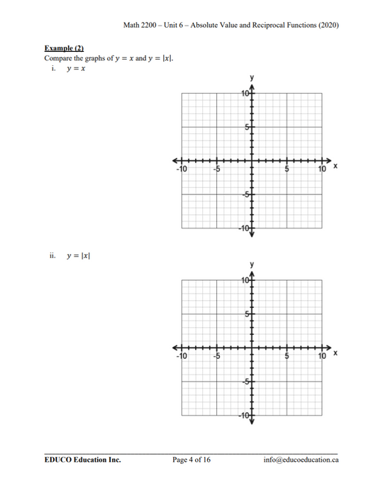 Unit 6: Absolute Value and Reciprocal Functions - Math 2200 (Digital Download)