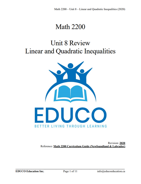 Unit 8: Linear and Quadratic Inequalities - Math 2200 (Digital Download)