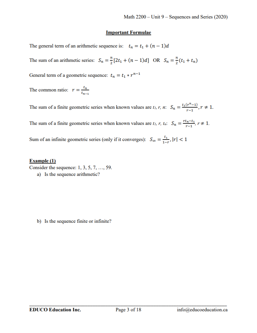 Unit 9: Sequences and Series - Math 2200 (Digital Download)