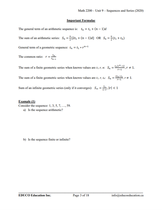 Unit 9: Sequences and Series - Math 2200 (Digital Download)