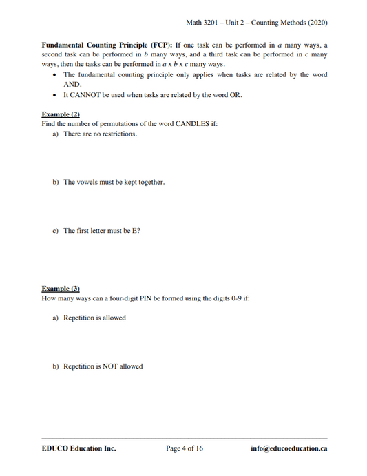 Unit 2: Counting Methods - Math 3201 (Digital Download)