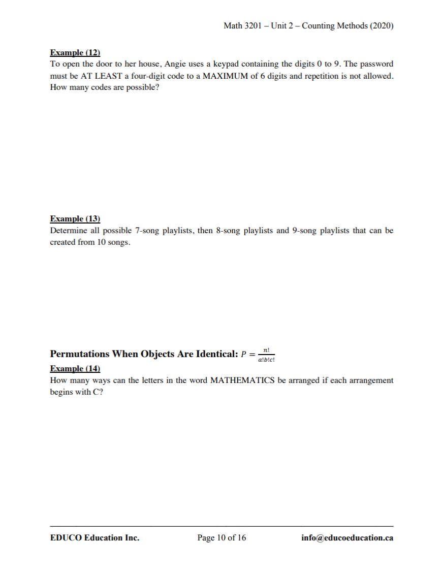 Unit 2: Counting Methods - Math 3201 (Digital Download)