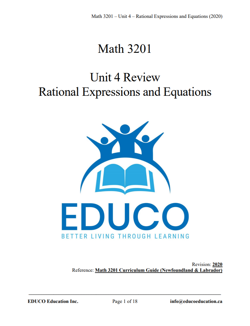 Unit 4: Rational Expressions and Equations - Math 3201 (Digital Download)