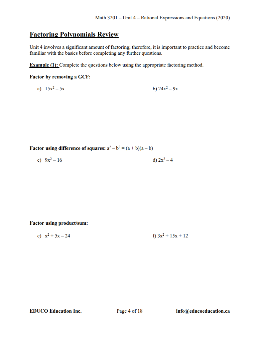 Unit 4: Rational Expressions and Equations - Math 3201 (Digital Download)