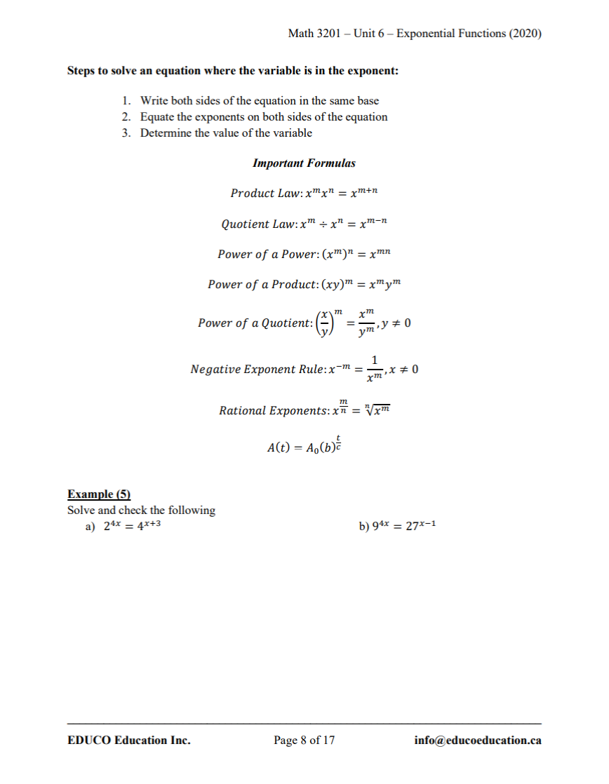 Unit 6: Exponential Functions - Math 3201 (Digital Download)