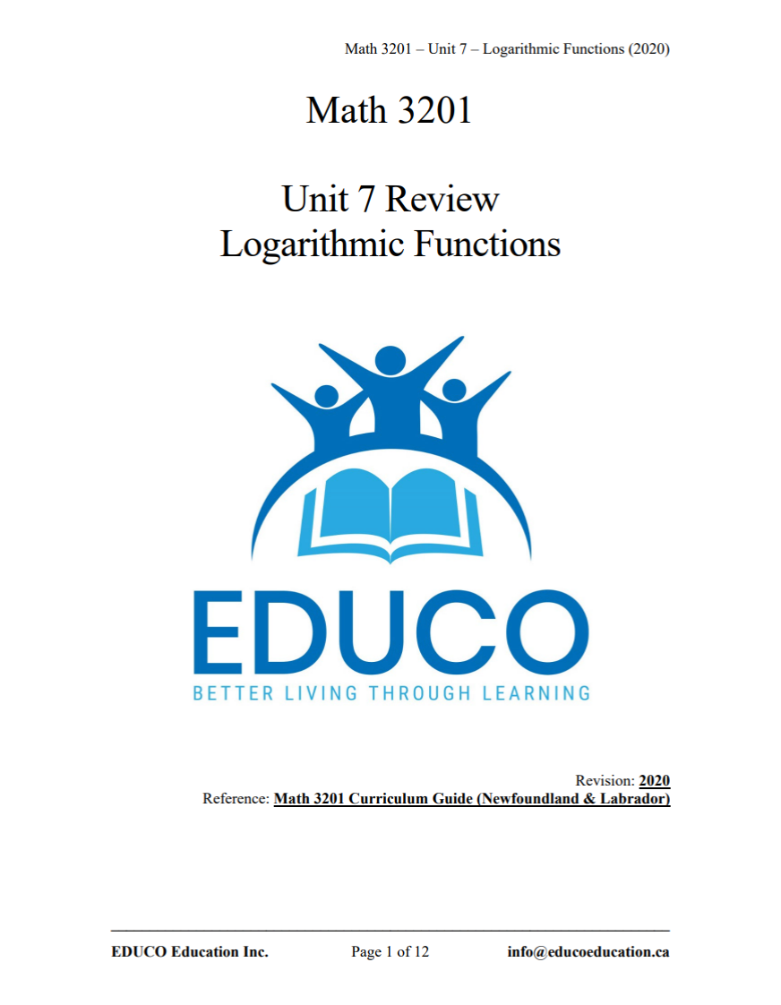 Unit 7: Logarithmic Functions - Math 3201 (Digital Download)