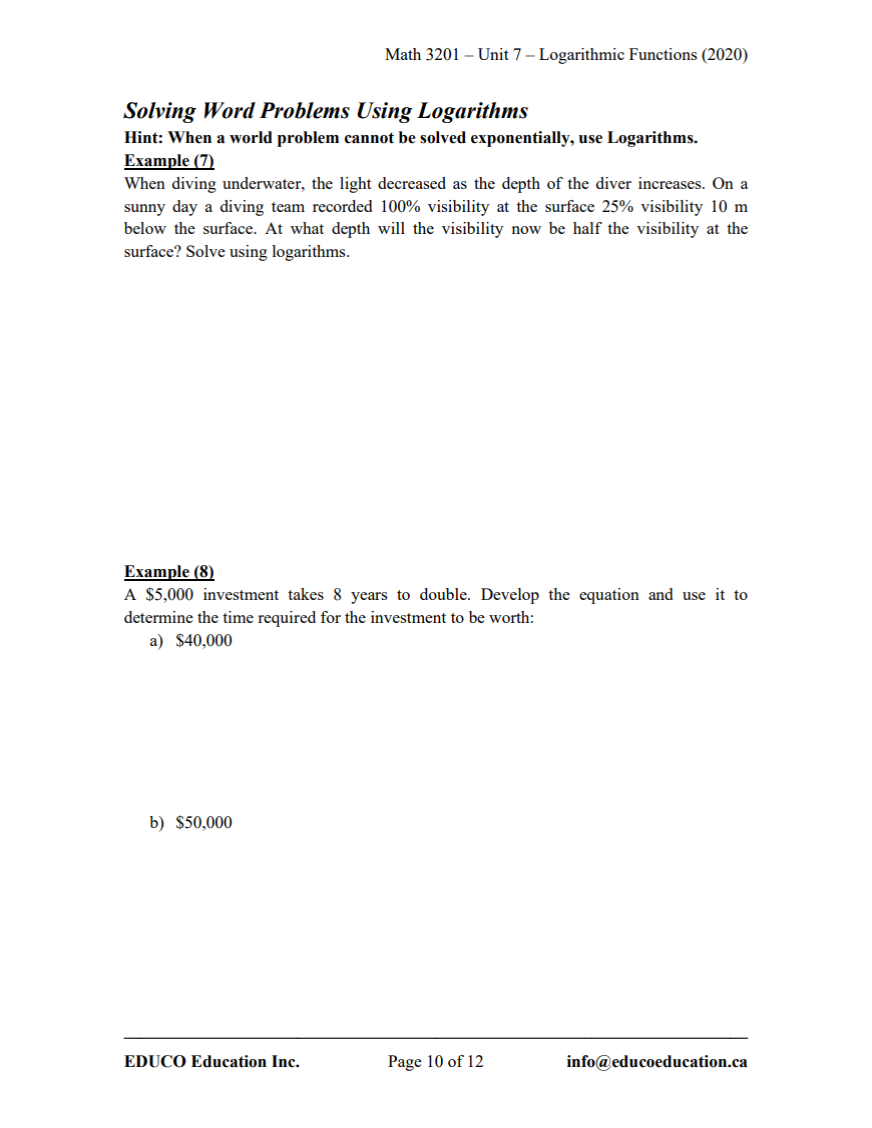 Unit 7: Logarithmic Functions - Math 3201 (Digital Download)