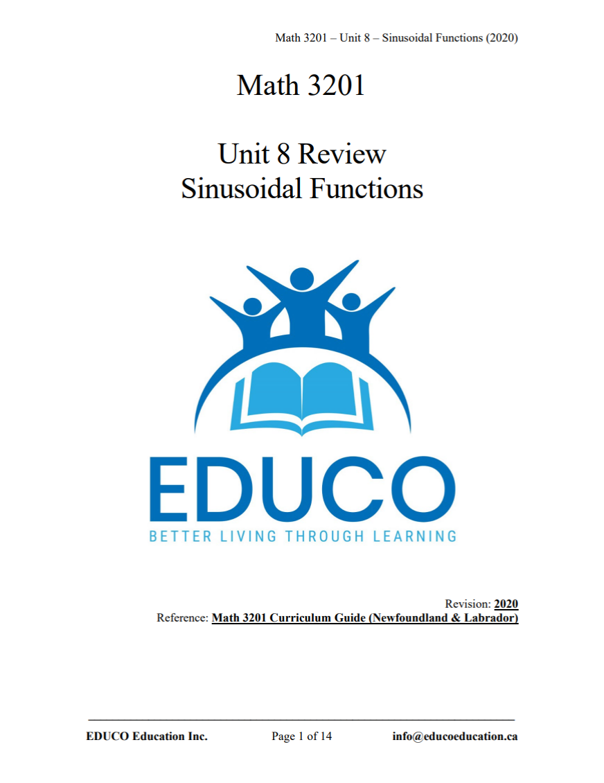 Unit 8: Sinusoidal Functions - Math 3201 (Digital Download)