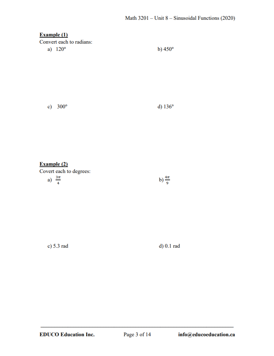 Unit 8: Sinusoidal Functions - Math 3201 (Digital Download)