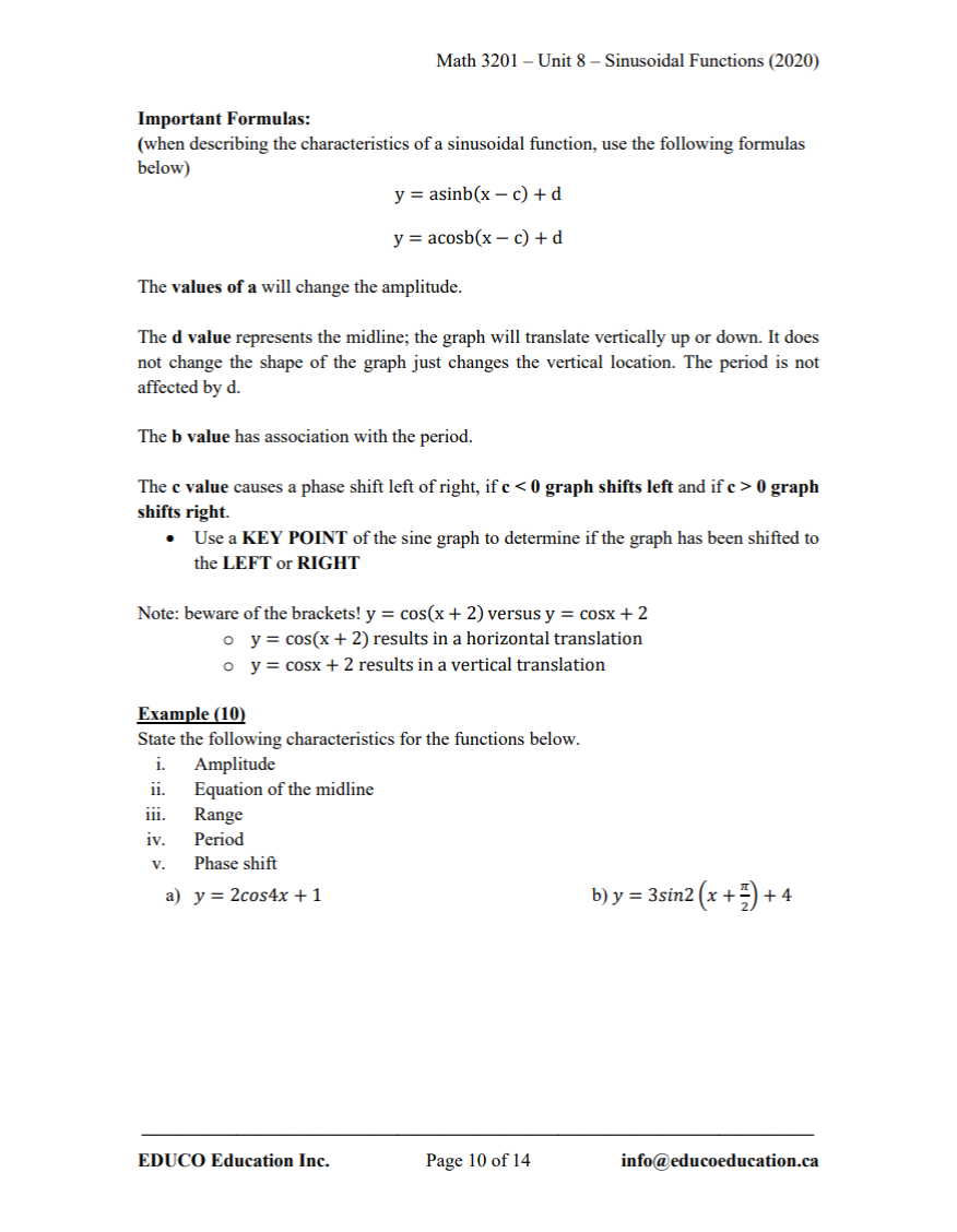 Unit 8: Sinusoidal Functions - Math 3201 (Digital Download)