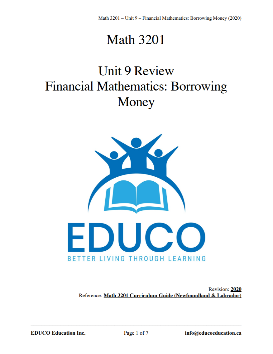 Unit 9: Financial Mathematics: Borrowing Money - Math 3201 (Digital Download)