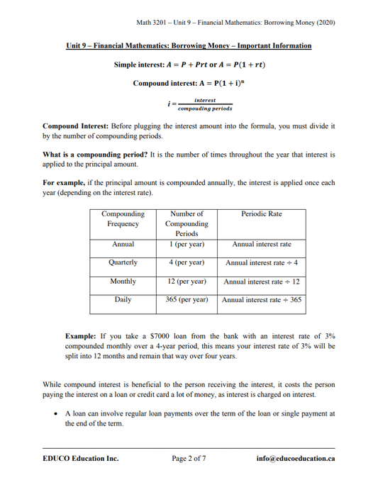 Unit 9: Financial Mathematics: Borrowing Money - Math 3201 (Digital Download)