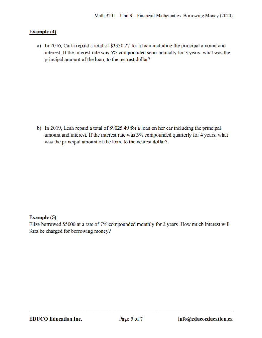 Unit 9: Financial Mathematics: Borrowing Money - Math 3201 (Digital Download)