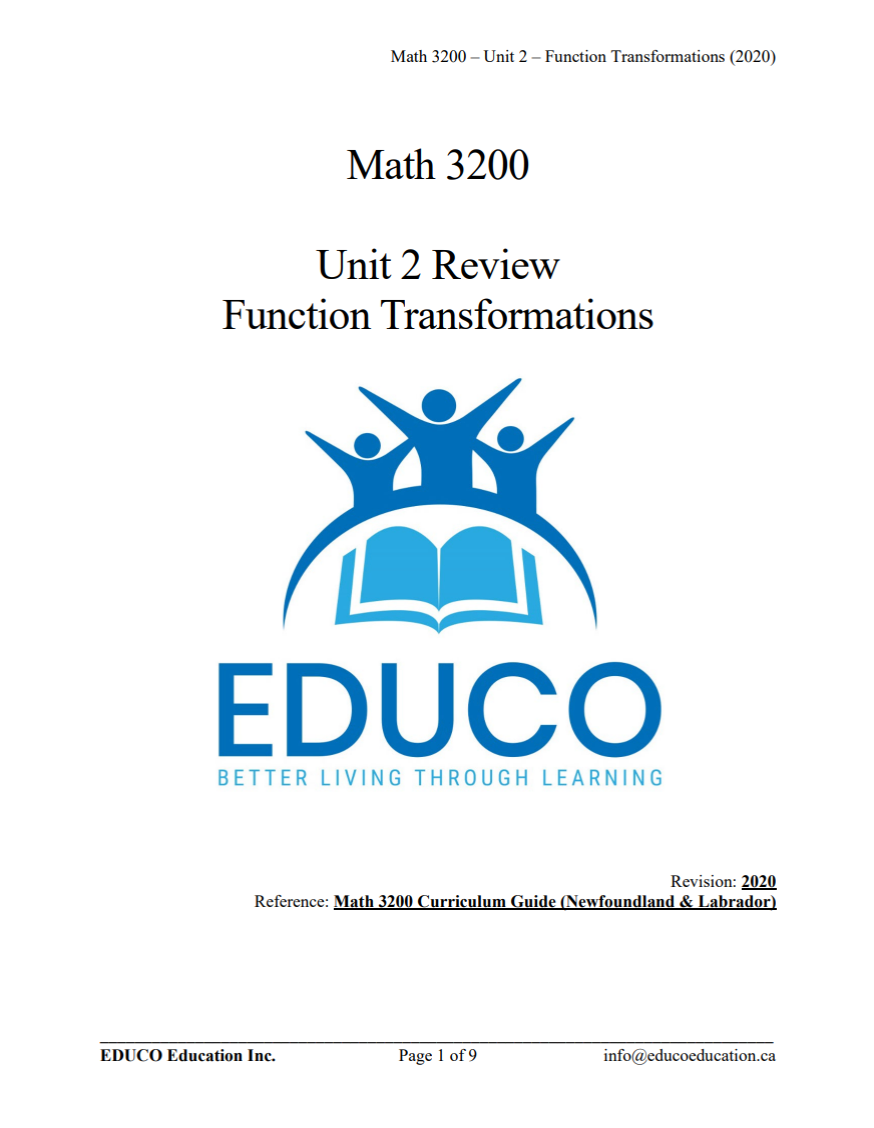 Unit 2: Function Transformations - Math 3200 (Digital Download)