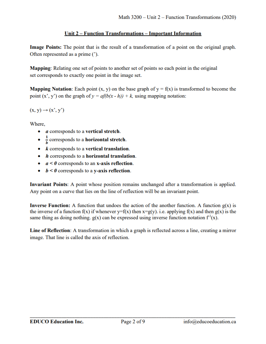 Unit 2: Function Transformations - Math 3200 (Digital Download)