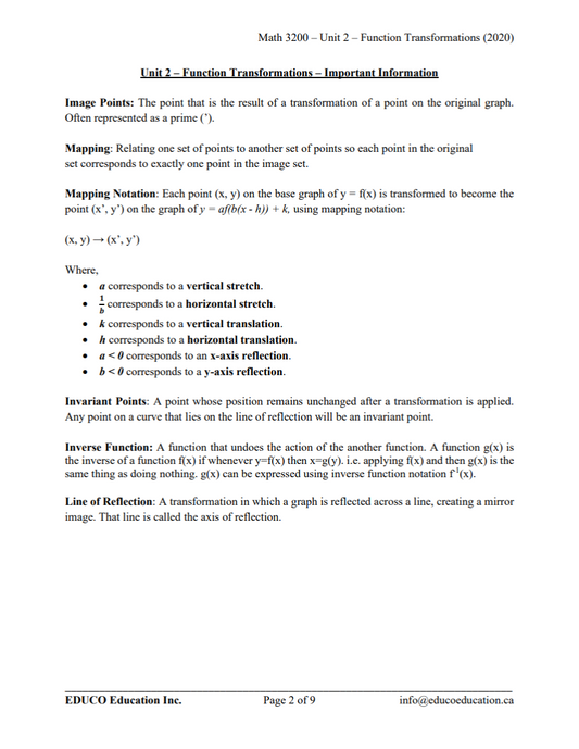 Unit 2: Function Transformations - Math 3200 (Digital Download)