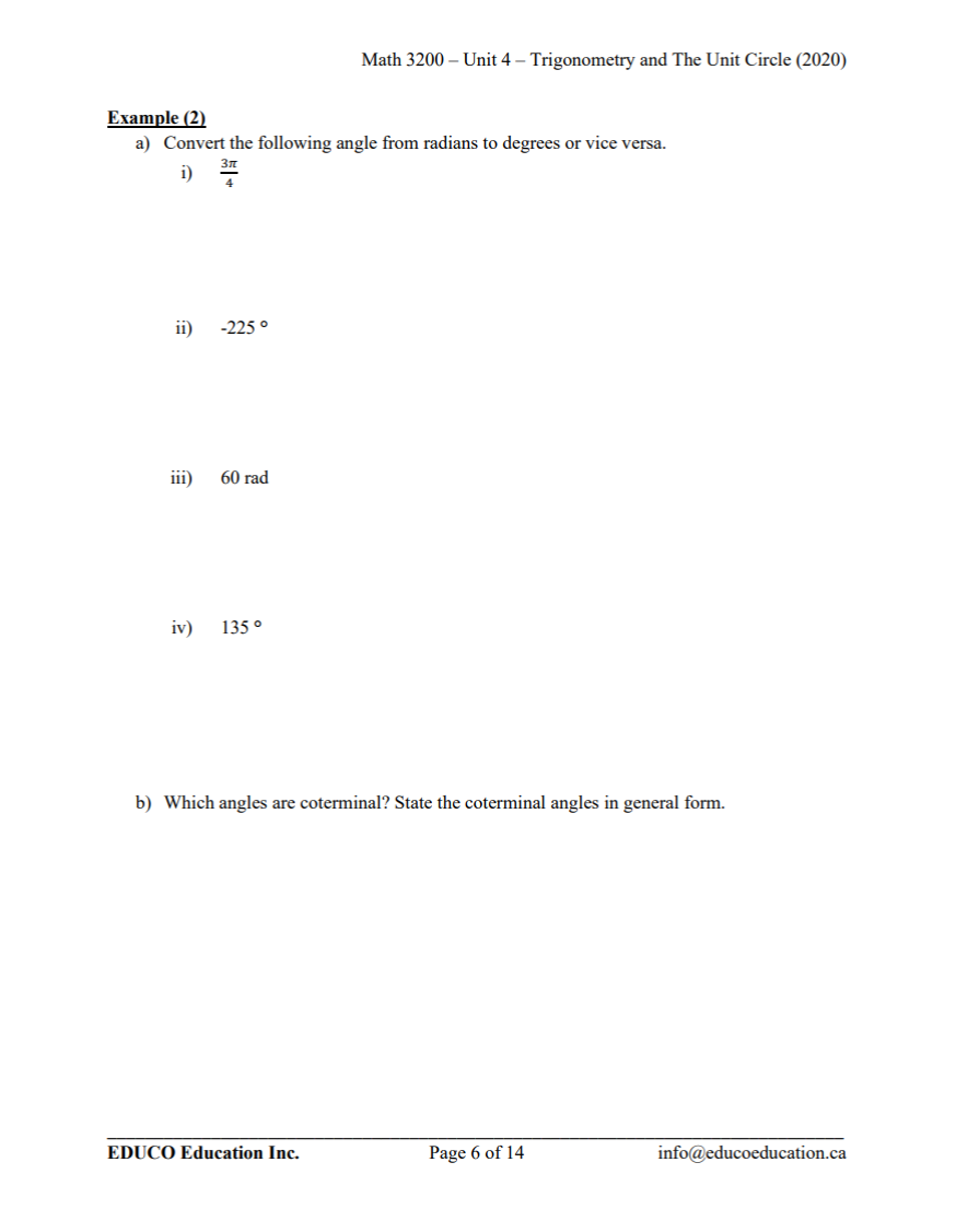 Unit 4: Trigonometry and the Unit Circle - Math 3200 (Digital Download)