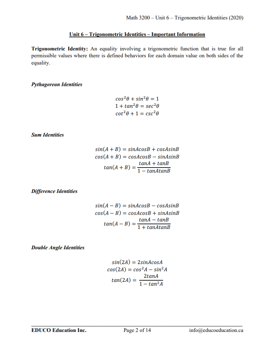 Unit 6: Trigonometric Identities - Math 3200 (Digital Download)