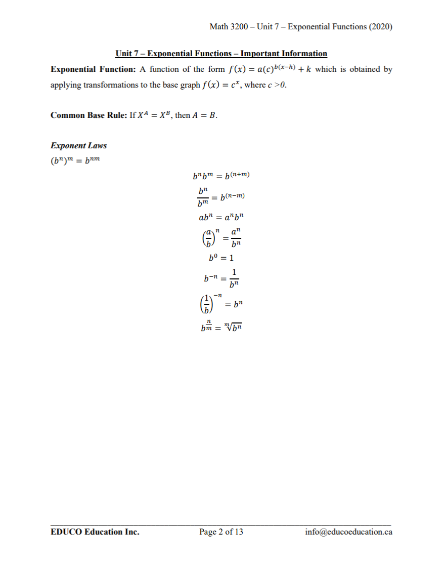 Unit 7: Exponential Functions - Math 3200 (Digital Download)