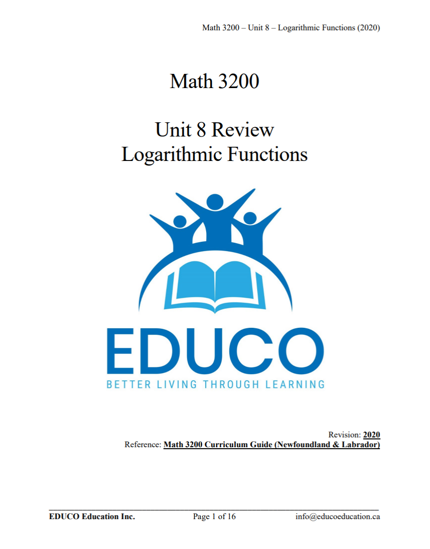 Unit 8: Logarithmic Functions - Math 3200 (Digital Download)