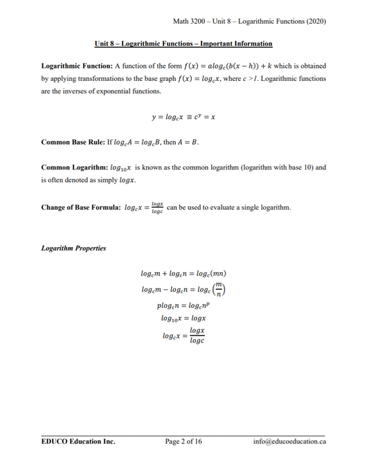 Unit 8: Logarithmic Functions - Math 3200 (Digital Download)