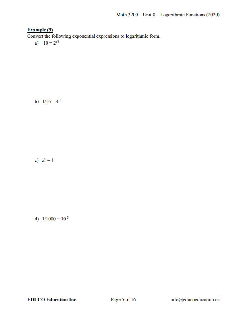 Unit 8: Logarithmic Functions - Math 3200 (Digital Download)