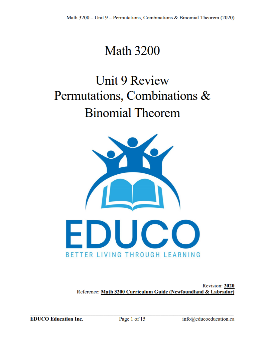 Unit 9: Permutations, Combinations and Binomial Theorem - Math 3200 (Digital Download)