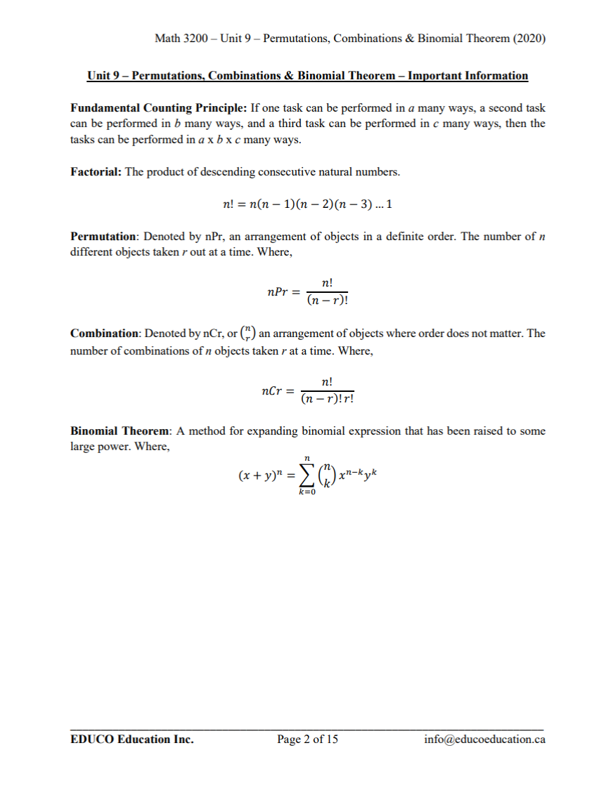 Unit 9: Permutations, Combinations and Binomial Theorem - Math 3200 (Digital Download)