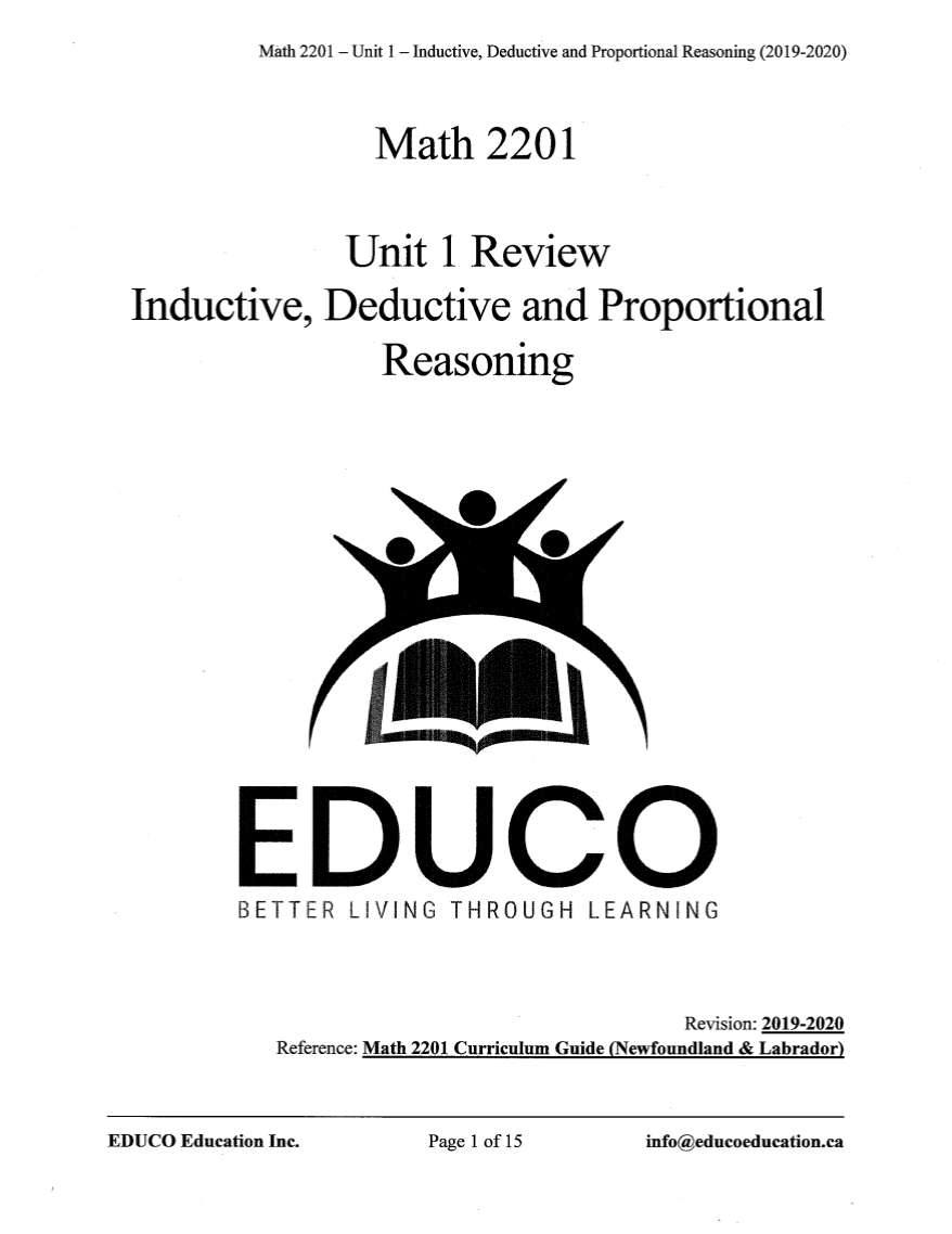 Unit 1: Inductive, Deductive, and Proportional Reasoning - Math 2201 (Digital Download)